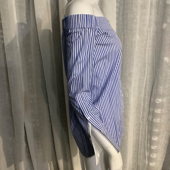 Rag & Bone Blue/White Stripe Off the Shoulder Long-Sleeve Cotton Blouse - Picture 3 of 9
